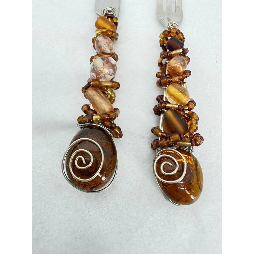 Wire Wrapped Beaded Fork & Knife Appetizer Flatware Set Elegant Tableware Decor